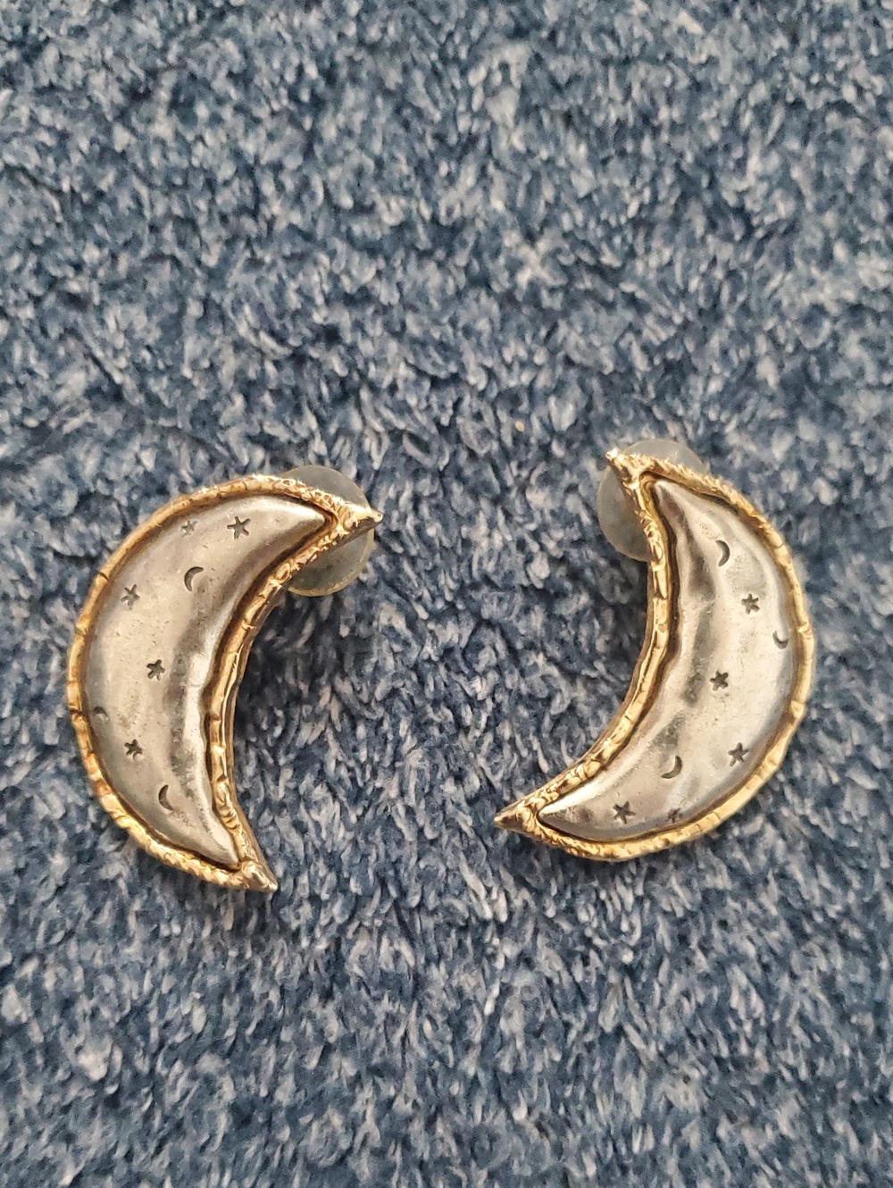 Vintage JJ Jonette Signed Celestial Crescent Moon Star Earrings Gold & Silver To